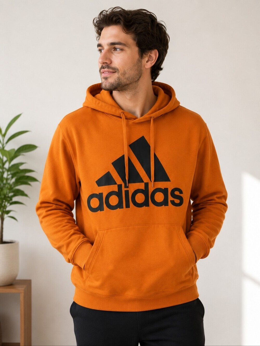Adidas Orange Logo Pullover Hoodie Men's Size Large Fleece Sweatshirt